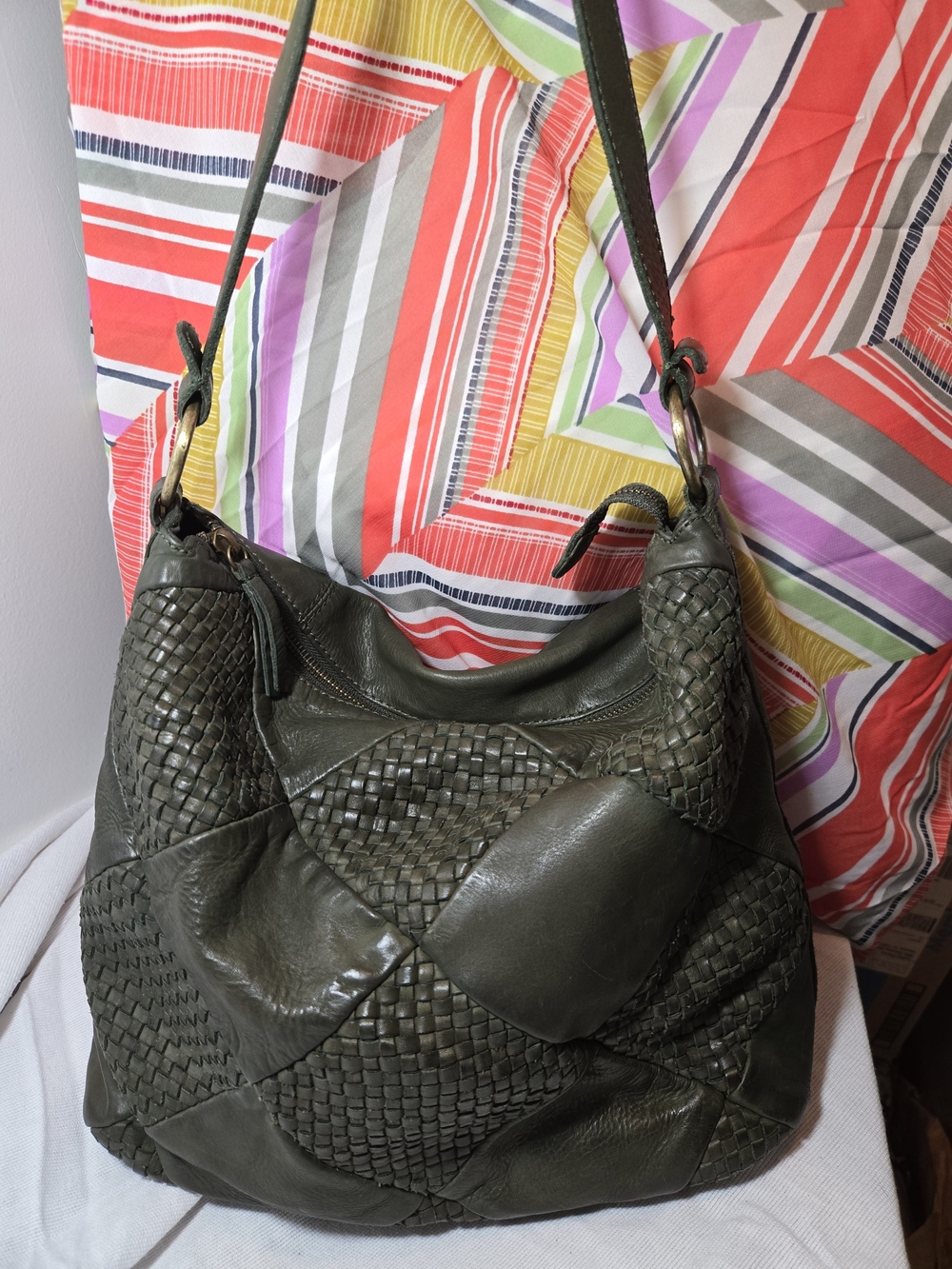 Olive Green Woven Patch Leather Hobo Bag. Really GUC🌻